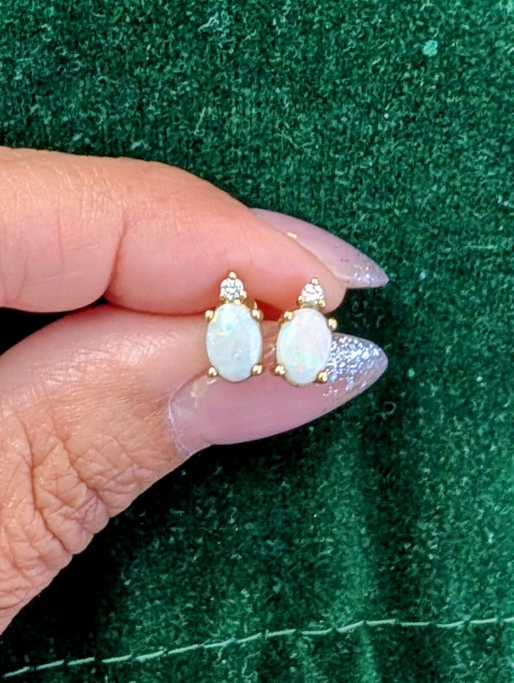 Helzberg Diamonds Gold Opal Oval Stud Earrings with Crystal Accent - White